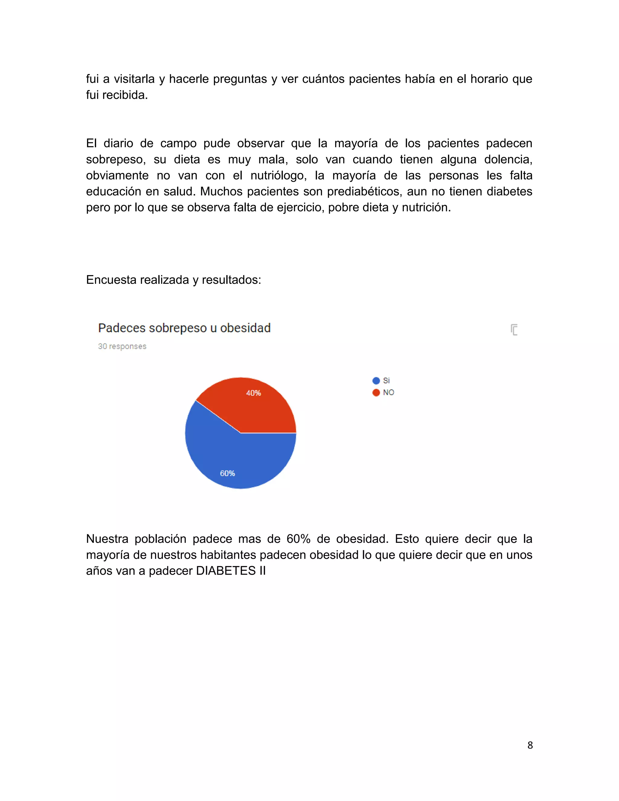 8
fui a visitarla y hacerle preguntas y ver cuántos pacientes había en el horario que
fui recibida.
El diario de campo pude observar que la mayoría de los pacientes padecen
sobrepeso, su dieta es muy mala, solo van cuando tienen alguna dolencia,
obviamente no van con el nutriólogo, la mayoría de las personas les falta
educación en salud. Muchos pacientes son prediabéticos, aun no tienen diabetes
pero por lo que se observa falta de ejercicio, pobre dieta y nutrición.
Encuesta realizada y resultados:
Nuestra población padece mas de 60% de obesidad. Esto quiere decir que la
mayoría de nuestros habitantes padecen obesidad lo que quiere decir que en unos
años van a padecer DIABETES II
 