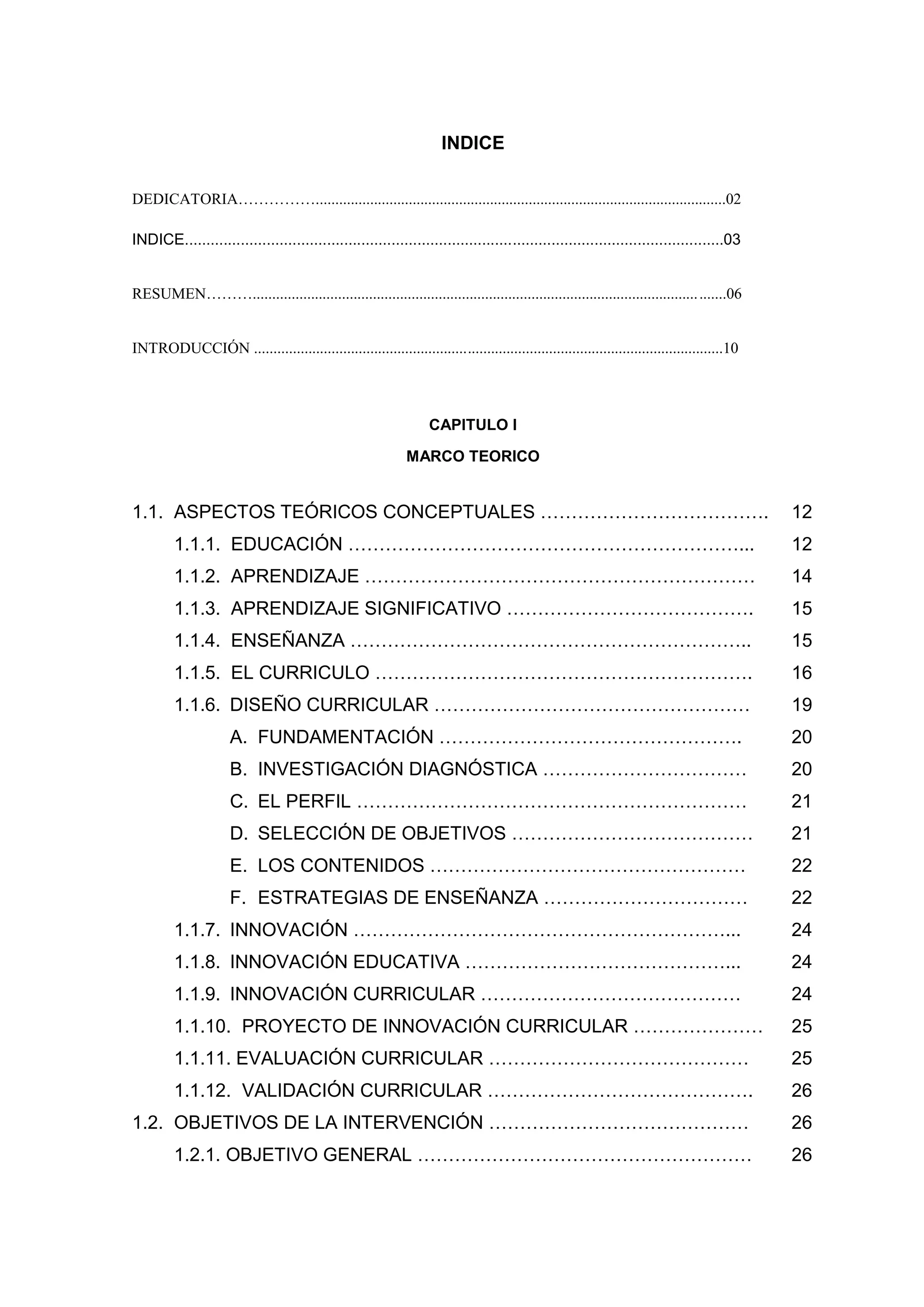 INDICE

DEDICATORIA……………..........................................................................................................02

INDICE.............................................................................................................................03


RESUMEN………................................................................................................................... .......06


INTRODUCCIÓN .........................................................................................................................10



                                                                  CAPITULO I

                                                             MARCO TEORICO


1.1. ASPECTOS TEÓRICOS CONCEPTUALES ……………………………….                                                                                          12
         1.1.1. EDUCACIÓN ………………………………………………………...                                                                                         12
         1.1.2. APRENDIZAJE ………………………………………………………                                                                                          14
         1.1.3. APRENDIZAJE SIGNIFICATIVO ………………………………….                                                                                   15
         1.1.4. ENSEÑANZA ………………………………………………………..                                                                                          15
         1.1.5. EL CURRICULO …………………………………………………….                                                                                         16
         1.1.6. DISEÑO CURRICULAR ……………………………………………                                                                                        19
                     A. FUNDAMENTACIÓN ………………………………………….                                                                                   20
                     B. INVESTIGACIÓN DIAGNÓSTICA ……………………………                                                                              20
                     C. EL PERFIL ………………………………………………………                                                                                    21
                     D. SELECCIÓN DE OBJETIVOS …………………………………                                                                               21
                     E. LOS CONTENIDOS ……………………………………………                                                                                   22
                     F. ESTRATEGIAS DE ENSEÑANZA ……………………………                                                                               22
         1.1.7. INNOVACIÓN ……………………………………………………...                                                                                         24
         1.1.8. INNOVACIÓN EDUCATIVA ……………………………………...                                                                                     24
         1.1.9. INNOVACIÓN CURRICULAR ……………………………………                                                                                       24
         1.1.10. PROYECTO DE INNOVACIÓN CURRICULAR …………………                                                                                 25
         1.1.11. EVALUACIÓN CURRICULAR ……………………………………                                                                                      25
         1.1.12. VALIDACIÓN CURRICULAR …………………………………….                                                                                     26
1.2. OBJETIVOS DE LA INTERVENCIÓN ……………………………………                                                                                           26
         1.2.1. OBJETIVO GENERAL ………………………………………………                                                                                        26



                                                                           4
 