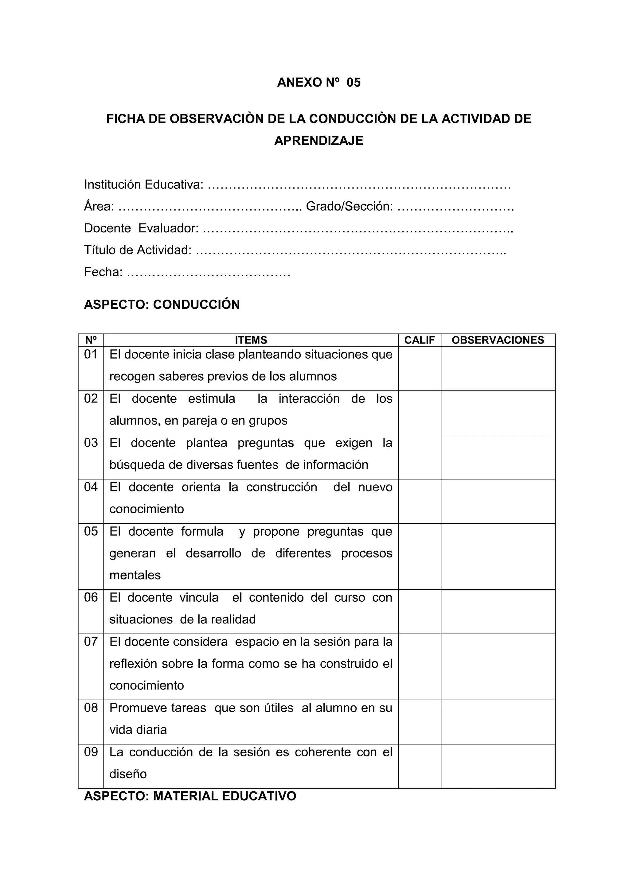 ANEXO Nº 05

     FICHA DE OBSERVACIÒN DE LA CONDUCCIÒN DE LA ACTIVIDAD DE
                                    APRENDIZAJE


Institución Educativa: ………………………………………………………………
Área: …………………………………….. Grado/Sección: ……………………….
Docente Evaluador: ………………………………………………………………..
Título de Actividad: ………………………………………………………………..
Fecha: …………………………………

ASPECTO: CONDUCCIÓN

Nº                         ITEMS                           CALIF   OBSERVACIONES
01 El docente inicia clase planteando situaciones que
     recogen saberes previos de los alumnos
02 El docente estimula            la interacción de los
     alumnos, en pareja o en grupos
03 El docente plantea preguntas que exigen la
     búsqueda de diversas fuentes de información
04 El docente orienta la construcción          del nuevo
     conocimiento
05 El docente formula      y propone preguntas que
     generan el desarrollo de diferentes procesos
     mentales
06 El docente vincula     el contenido del curso con
     situaciones de la realidad
07 El docente considera espacio en la sesión para la
     reflexión sobre la forma como se ha construido el
     conocimiento
08 Promueve tareas que son útiles al alumno en su
     vida diaria
09 La conducción de la sesión es coherente con el
     diseño
ASPECTO: MATERIAL EDUCATIVO


                                          57
 