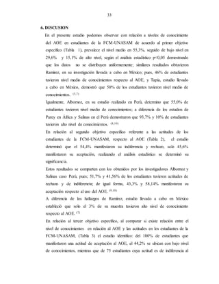 33
6. DISCUSION
En el presente estudio podemos observar con relación a niveles de conocimiento
del AOE en estudiantes de la FCM-UNASAM de acuerdo al primer objetivo
específico (Tabla 1), prevalece el nivel medio en 55,3%, seguido de bajo nivel en
29,6% y 15,1% de alto nivel, según el análisis estadístico p<0,05 demostrando
que los datos no se distribuyen uniformemente; similares resultados obtuvieron
Ramírez, en su investigación llevada a cabo en México; pues, 46% de estudiantes
tuvieron nivel medio de conocimientos respecto al AOE, y Tapia, estudio llevado
a cabo en México, demostró que 50% de los estudiantes tuvieron nivel medio de
conocimientos. (5,7)
Igualmente, Albornoz, en su estudio realizado en Perú, determino que 55,0% de
estudiantes tuvieron nivel medio de conocimientos; a diferencia de los estudios de
Parey en África y Salinas en el Perú demostraron que 93,7% y 10% de estudiantes
tuvieron alto nivel de conocimientos. (8,10)
En relación al segundo objetivo específico referente a las actitudes de los
estudiantes de la FCM-UNASAM, respecto al AOE (Tabla 2), el estudio
determinó que el 54,4% manifestaron su indiferencia y rechazo, solo 45,6%
manifestaron su aceptación, realizando el análisis estadístico se determinó su
significancia.
Estos resultados se comparten con los obtenidos por los investigadores Albornoz y
Salinas caso Perú, pues; 51,7% y 41,56% de los estudiantes tuvieron actitudes de
rechazo y de indiferencia; de igual forma, 43,3% y 58,14% manifestaron su
aceptación respecto al uso del AOE. (9,10)
A diferencia de los hallazgos de Ramírez, estudio llevado a cabo en México
estableció que solo el 3% de su muestra tuvieron alto nivel de conocimiento
respecto al AOE. (7)
En relación al tercer objetivo específico, al comparar si existe relación entre el
nivel de conocimientos en relación al AOE y las actitudes en los estudiantes de la
FCM-UNASAM, (Tabla 3) el estudio identifico: del 100% de estudiantes que
manifestaron una actitud de aceptación al AOE, el 44,2% se ubican con bajo nivel
de conocimientos, mientras que de 75 estudiantes cuya actitud es de indiferencia al
 