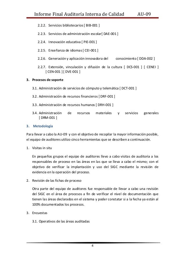 Informe Final Auditoria Interna De Calidad Au 09