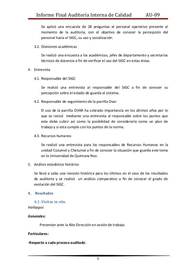 Informe Auditoria Interna Ejemplo Sistema De Manejo De Calidad Images