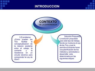 INTRODUCCIONCONTEXTODE LA EXPERIENCIASolución Propuesta: La solución propuesta para este tipo de trabajo, donde se involucra el uso de las Tics y que le permita al docente hacer una planificación de los métodos y actividades a desarrollar  esta determinada por las siguientes etapas:El problema:¿Cómo pueden las Tics facilitar la conceptualización de la relación existente entre el voltaje, la corriente y la resistencia en un circuito eléctrico para comprender la Ley de Ohm?