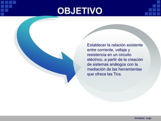 Company  LogoOBJETIVOEstablecer la relación existente entre corriente, voltaje y resistencia en un circuito eléctrico, a partir de la creación de sistemas análogos con la mediación de las herramientas que ofrece las Tics.