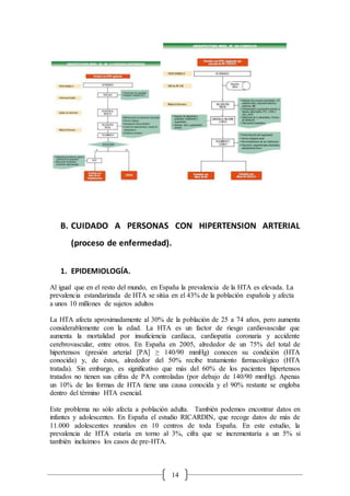 14
B. CUIDADO A PERSONAS CON HIPERTENSION ARTERIAL
(proceso de enfermedad).
1. EPIDEMIOLOGÍA.
Al igual que en el resto del mundo, en España la prevalencia de la HTA es elevada. La
prevalencia estandarizada de HTA se sitúa en el 43% de la población española y afecta
a unos 10 millones de sujetos adultos
La HTA afecta aproximadamente al 30% de la población de 25 a 74 años, pero aumenta
considerablemente con la edad. La HTA es un factor de riesgo cardiovascular que
aumenta la mortalidad por insuficiencia cardiaca, cardiopatía coronaria y accidente
cerebrovascular, entre otros. En España en 2005, alrededor de un 75% del total de
hipertensos (presión arterial [PA] ≥ 140/90 mmHg) conocen su condición (HTA
conocida) y, de éstos, alrededor del 50% recibe tratamiento farmacológico (HTA
tratada). Sin embargo, es significativo que más del 60% de los pacientes hipertensos
tratados no tienen sus cifras de PA controladas (por debajo de 140/90 mmHg). Apenas
un 10% de las formas de HTA tiene una causa conocida y el 90% restante se engloba
dentro del término HTA esencial.
Este problema no sólo afecta a población adulta. También podemos encontrar datos en
infantes y adolescentes. En España el estudio RICARDIN, que recoge datos de más de
11.000 adolescentes reunidos en 10 centros de toda España. En este estudio, la
prevalencia de HTA estaría en torno al 3%, cifra que se incrementaría a un 5% si
también incluimos los casos de pre-HTA.
 
