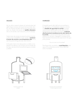No se utiliza material aislante, la hermeticidad del
galón logra conservar de buena forma el calor den-
tro, sin mayores escapes que el tubo pensado para
esto. Se añaden dos piezas de ladrillo refractario
de 2,3 cm de alto x 4cm de ancho y 21cm de largo.
Sobre estas dos piezas se posa la primera bande-
ja (de acero inoxidable), lo que ayuda a mantener
el sector de cocción a una temperatura alta. Así al
abrir la puerta, la fuga de calor será mínima.
En la parte interior de cada puerta, se soldó un rec-
tángulo de pletinas, que encaja con la entrada de
las cajas, de esta forma mantiene el espacio cerrado
y aislado.
A medida que el calor del horno se transfiere a
los alimentos, su humedad se evapora en el aire.
Un añadido de agua bajo la comida humede-
cerá la el aire caliente que circula, elevando las
temperaturas más rápido. Esta adición acelerará
efectivamente la transferencia de calor dentro de
la comida, su cocción terminara antes de lo que
tardaría con aire seco. Agregarle humedad al aire
hará más lento el proceso de evaporación de agua
en la comida.
“No es el calor, es la humedad”
Para lograr esto, se añade un canal/depósito para
agua en la cámara de cocción. De un perfil de
acero inoxidable.
aislado humedad
Esquema sistema de
aislado
Esquema de humedad den-
tro de la caja de cocción
 