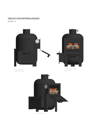 DIBUJO CON MATERIALIDADES
escala 1:5
Vista de lado, a la
entrada de brasas
Vista de lado, a la caja
de cocción
Vista de frente
 