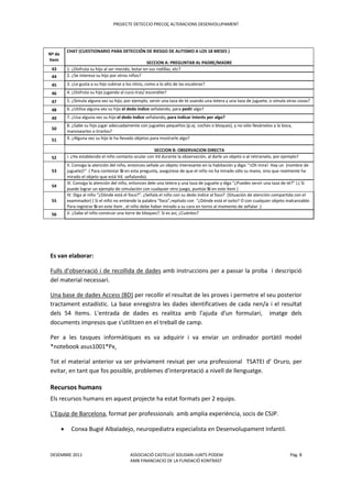 PROJECTE DETECCIO PRECOÇ ALTERACIONS DESENVOLUPAMENT
DESEMBRE 2011 ASSOCIACIÓ CASTELLVÍ SOLIDARI-JUNTS PODEM Pàg. 8
AMB FINANCIACIO DE LA FUNDACIÖ KONTRAST
Es van elaborar:
Fulls d'observació i de recollida de dades amb instruccions per a passar la proba i descripció
del material necessari.
Una base de dades Access (BD) per recollir el resultat de les proves i permetre el seu posterior
tractament estadístic. La base enregistra les dades identificatives de cada nen/a i el resultat
dels 54 ítems. L'entrada de dades es realitza amb l'ajuda d'un formulari, imatge dels
documents impresos que s'utilitzen en el treball de camp.
Per a les tasques informàtiques es va adquirir i va enviar un ordinador portàtil model
*notebook asus1001*Px.
Tot el material anterior va ser prèviament revisat per una professional TSATEI d’ Oruro, per
evitar, en tant que fos possible, problemes d'interpretació a nivell de llenguatge.
Recursos humans
Els recursos humans en aquest projecte ha estat formats per 2 equips.
L’Equip de Barcelona, format per professionals amb amplia experiència, socis de CSJP.
 Conxa Bugié Albaladejo, neuropediatra especialista en Desenvolupament Infantil.
Nº de
Item
CHAT (CUESTIONARIO PARA DETECCIÓN DE RIESGO DE AUTISMO A LOS 18 MESES )
SECCION A: PREGUNTAR AL PADRE/MADRE
43 1. ¿Disfruta su hijo al ser mecido, botar en sus rodillas, etc?
44 2. ¿Se interesa su hijo por otros niños?
45 3. ¿Le gusta a su hijo subirse a los sitios, como a lo alto de las escaleras?
46 4. ¿Disfruta su hijo jugando al cucú-tras/ escondite?
47 5. ¿Simula alguna vez su hijo, por ejemplo, servir una taza de té usando una tetera y una taza de juguete, o simula otras cosas?
48 6. ¿Utiliza alguna vez su hijo el dedo índice señalando, para pedir algo?
49 7. ¿Usa alguna vez su hijo el dedo índice señalando, para indicar interés por algo?
50
8. ¿Sabe su hijo jugar adecuadamente con juguetes pequeños (p.ej. coches o bloques), y no sólo llevárselos a la boca,
manosearlos o tirarlos?
51 9. ¿Alguna vez su hijo le ha llevado objetos para mostrarle algo?
SECCION B: OBSERVACION DIRECTA
52 I. ¿Ha establecido el niño contacto ocular con Vd durante la observación, al darle un objeto o al retirarselo, por ejemplo?
53
II. Consiga la atención del niño, entonces señale un objeto interesante en la habitación y diga: “¡Oh mira! Hay un (nombre de
juguete)!” ( Para contestar Si en esta pregunta, asegúrese de que el niño no ha mirado sólo su mano, sino que realmente ha
mirado el objeto que está Vd. señalando).
54
III. Consiga la atención del niño, entonces dele una tetera y una taza de juguete y diga “¿Puedes servir una taza de té?” ).( Si
puede lograr un ejemplo de simulación con cualquier otro juego, puntúe Si en este ítem )
55
IV. Diga al niño “¿Dónde está el foco?”. ¿Señala el niño con su dedo índice al foco? (Situación de atención compartida con el
examinador) ( Si el niño no entiende la palabra "foco",repítalo con “¿Dónde está el osito? O con cualquier objeto inalcanzable.
Para registrar Si en este ítem , el niño debe haber mirado a su cara en torno al momento de señalar .)
56 V. ¿Sabe el niño construir una torre de bloques?. Si es así, ¿Cuántos?
 