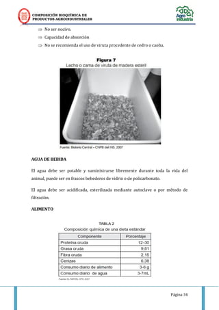 COMPOSICIÓN BIOQUÍMICA DE
PRODUCTOS AGROINDUSTRIALES
Página 34
 No ser nocivo.
 Capacidad de absorción
 No se recomienda el uso de viruta procedente de cedro o caoba.
AGUA DE BEBIDA
El agua debe ser potable y suministrarse libremente durante toda la vida del
animal, puede ser en frascos bebederos de vidrio o de policarbonato.
El agua debe ser acidificada, esterilizada mediante autoclave o por método de
filtración.
ALIMENTO
 