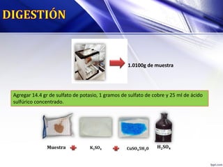 1.0100g de muestra
Agregar 14.4 gr de sulfato de potasio, 1 gramos de sulfato de cobre y 25 ml de ácido
sulfúrico concentrado.
H2SO4Muestra K2SO4 CuSO45H20
 