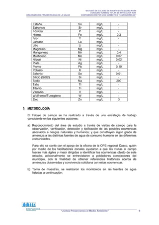 “ESTUDIO DE CALIDAD DE FUENTES UTILIZADAS PARA
CONSUMO HUMANO Y PLAN DE MITIGACIÓN POR
ORGANIZACIÓN PANAMERICANA DE LA SALUD CONTAMINACIÓN POR USO DOMÉSTICO Y AGROQUÍMICOS”
“Juntos Preservamos el Medio Ambiente” 9
5. METODOLOGÍA
El trabajo de campo se ha realizado a través de una estrategia de trabajo
consistente en las siguientes acciones:
a) Reconocimiento del área de estudio a través de visitas de campo para la
observación, verificación, detección y tipificación de las posibles ocurrencias
asociados a riesgos naturales y humanos; y que constituyen algún grado de
amenaza a las distintas fuentes de agua de consumo humano en las diferentes
comunidades.
Para ello se contó con el apoyo de la oficina de la OPS regional Cusco, quién
por medio de los facilitadores zonales ayudaron a que las visitas al campo
fueran más ágiles y mejor dirigidas a identificar las ocurrencias objeto de este
estudio; adicionalmente se entrevistaron a pobladores conocedores del
municipio, con la finalidad de obtener referencias históricas acerca de
amenazas observadas y convivencia cotidiana con estas ocurrencias.
b) Toma de muestras, se realizaron los monitoreos en las fuentes de agua
listadas a continuación:
Estaño Sn mg/L -
Estroncio Sr mg/L -
Fósforo P mg/L -
Hierro Fe mg/L 0,3
Itrio Y mg/L -
Lantano La mg/L -
Litio Li mg/L -
Magnesio Mg mg/L -
Manganeso Mn mg/L 0,4
Molibdeno Mo mg/L 0.07
Níquel Ni mg/L 0.02
Plata Ag mg/L -
Plomo Pb mg/L 0,10
Potasio K mg/L -
Selenio Se mg/L 0.01
Silicio (SiO2) Si mg/L -
Sodio Na mg/L 200
Talio Tl mg/L -
Titanio Ti mg/L -
Vanadio V mg/L -
Wolframio/Tunsgteno W mg/L -
Zinc Zn mg/L 3
 