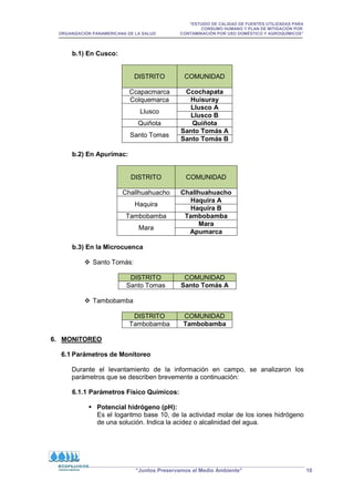 “ESTUDIO DE CALIDAD DE FUENTES UTILIZADAS PARA
CONSUMO HUMANO Y PLAN DE MITIGACIÓN POR
ORGANIZACIÓN PANAMERICANA DE LA SALUD CONTAMINACIÓN POR USO DOMÉSTICO Y AGROQUÍMICOS”
“Juntos Preservamos el Medio Ambiente” 10
b.1) En Cusco:
DISTRITO COMUNIDAD
Ccapacmarca Ccochapata
Colquemarca Huisuray
Llusco
Llusco A
Llusco B
Quiñota Quiñota
Santo Tomas
Santo Tomás A
Santo Tomás B
b.2) En Apurímac:
DISTRITO COMUNIDAD
Challhuahuacho Challhuahuacho
Haquira
Haquira A
Haquira B
Tambobamba Tambobamba
Mara
Mara
Apumarca
b.3) En la Microcuenca
 Santo Tomás:
DISTRITO COMUNIDAD
Santo Tomas Santo Tomás A
 Tambobamba
DISTRITO COMUNIDAD
Tambobamba Tambobamba
6. MONITOREO
6.1 Parámetros de Monitoreo
Durante el levantamiento de la información en campo, se analizaron los
parámetros que se describen brevemente a continuación:
6.1.1 Parámetros Físico Químicos:
 Potencial hidrógeno (pH):
Es el logaritmo base 10, de la actividad molar de los iones hidrógeno
de una solución. Indica la acidez o alcalinidad del agua.
 