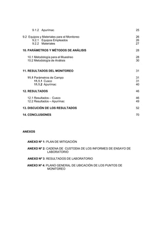 9.1.2 Apurímac 25
9.2 Equipos y Materiales para el Monitoreo 26
9.2.1 Equipos Empleados 26
9.2.2 Materiales 27
10. PARÁMETROS Y MÉTODOS DE ANÁLISIS 28
10.1 Metodología para el Muestreo 28
10.2 Metodología de Análisis 30
11. RESULTADOS DEL MONITOREO 31
11.1 Parámetros de Campo 31
11.1.1 Cusco 31
11.1.2 Apurímac 40
12. RESULTADOS 46
12.1 Resultados - Cusco 46
12.2 Resultados – Apurímac 49
13. DISCUCIÓN DE LOS RESULTADOS 52
14. CONCLUSIONES 70
ANEXOS
ANEXO Nº 1: PLAN DE MITIGACIÓN
ANEXO Nº 2: CADENA DE CUSTODIA DE LOS INFORMES DE ENSAYO DE
LABORATORIO
ANEXO Nº 3: RESULTADOS DE LABORATORIO
ANEXO Nº 4: PLANO GENERAL DE UBICACIÓN DE LOS PUNTOS DE
MONITOREO
 