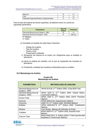 “ESTUDIO DE CALIDAD DE FUENTES UTILIZADAS PARA
CONSUMO HUMANO Y PLAN DE MITIGACIÓN POR
ORGANIZACIÓN PANAMERICANA DE LA SALUD CONTAMINACIÓN POR USO DOMÉSTICO Y AGROQUÍMICOS”
“Juntos Preservamos el Medio Ambiente” 30
Mercurio P 1 L
TSS P 1 L
Pesticidas Organofosforados y Organoclorados V 1 L
Para el caso de tratarse de fuente superficial, se deberán tomar en cuenta los
siguientes parámetros:
Parámetros
Tipo de
frasco
Volumen
Demanda Bioquímica de Oxígeno - DBO P 1 L
Demanda Química de Oxígeno - DQO P 250 mL
P: Plástico,
V: Vidrio
e) Completar el rotulado de cada frasco indicando:
- Código de muestra
- Tipo de muestra
- Fecha y hora
- Preservación realizada
f) Almacenar los frascos en el cooler con refrigerante para su traslado al
laboratorio.
g) Llenar la cadena de custodia, con la que se ingresarán las muestras al
laboratorio.
h) Finalmente, trasladar las muestras al laboratorio para su análisis.
10.2 Metodología de Análisis
Cuadro 08:
Metodología de Análisis
PARÁMETROS METODOLOGÍA DE ANÁLISIS
Demanda Bioquímica de
Oxígeno - DBO
APHA 5210-B, 21Th
Edition 2005. 5 Day BOD Test.
Demanda Bioquímica de
Oxígeno - DQO
APHA 5220 D, 21Th
Edition 2005, Closed Reflux,
Colorimetric Method.
Dureza Total
APHA 2340 C, 21Th
Edition 2005, EDTA Titrimetric
Method.
Cloruros APHA 4500-Cl-
B, Argentometric Method.
Fluoruros 4500 F-
D, 21Th
Edition 2005, SPADNS Method.
Sulfatos APHA 4500-SO4
2-
E, 21Th
Edition 2005, Turbidimetric
Method.
Nitratos Libro Rodier, Método del Salicilato de Sodio.
Fosfatos
APHA 4500-P E, 21Th
Edition 2005, Ascorbic Acid
Method.
Cianuro Total
APHA 4500-CN-
C, E. Edition 2005 C Total Cyanide after
Distillation E Colorimetric Method.
 