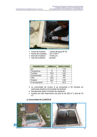“ESTUDIO DE CALIDAD DE FUENTES UTILIZADAS PARA
CONSUMO HUMANO Y PLAN DE MITIGACIÓN POR
ORGANIZACIÓN PANAMERICANA DE LA SALUD CONTAMINACIÓN POR USO DOMÉSTICO Y AGROQUÍMICOS”
“Juntos Preservamos el Medio Ambiente” 34

 Toma de muestra : fuente de agua Nº 03
 Fecha de muestreo : 16-11-2011
 Hora de muestreo : 12:40 p.m.
 Tipo de muestreo : puntual
PARÁMETROS SÍMBOLO RESULTADOS
pH -- 7.70
Temperatura ºC 18.5
Turbidez NTU 0.62
Conductividad µS 369
TDS ppm 181
Oxígeno ppm 4.68
% de saturación % 52.0
• La comunidad de Llusco A se encuentra a 30 minutos en
camioneta desde la Comunidad de Quiñota
• Actualmente existe 3 fuentes de captación.
• Cuenta con dos reservorios una que es de 250 m3
y otra de 15
m3
.
c) Comunidad de LLUSCO B
 