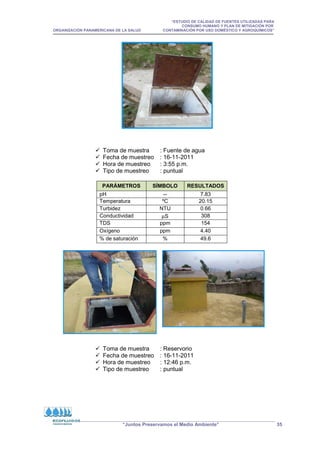 “ESTUDIO DE CALIDAD DE FUENTES UTILIZADAS PARA
CONSUMO HUMANO Y PLAN DE MITIGACIÓN POR
ORGANIZACIÓN PANAMERICANA DE LA SALUD CONTAMINACIÓN POR USO DOMÉSTICO Y AGROQUÍMICOS”
“Juntos Preservamos el Medio Ambiente” 35
 Toma de muestra : Fuente de agua
 Fecha de muestreo : 16-11-2011
 Hora de muestreo : 3:55 p.m.
 Tipo de muestreo : puntual
PARÁMETROS SÍMBOLO RESULTADOS
pH -- 7.83
Temperatura ºC 20.15
Turbidez NTU 0.66
Conductividad µS 308
TDS ppm 154
Oxígeno ppm 4.40
% de saturación % 49.6
 Toma de muestra : Reservorio
 Fecha de muestreo : 16-11-2011
 Hora de muestreo : 12:46 p.m.
 Tipo de muestreo : puntual
 