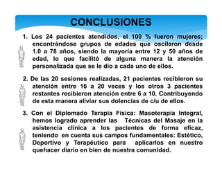 CONCLUSIONES
1. Los 24 pacientes atendidos, el 100 % fueron mujeres;
encontrándose grupos de edades que oscilaron desde
1.0 a 78 años, siendo la mayoría entre 12 y 50 años de
edad, lo que facilitó de alguna manera la atención
personalizada que se le dio a cada uno de ellos.
2. De las 20 sesiones realizadas, 21 pacientes recibieron su
atención entre 16 a 20 veces y los otros 3 pacientes
restantes recibieron atención entre 6 a 10. Contribuyendo
de esta manera aliviar sus dolencias de c/u de ellos.
3. Con el Diplomado Terapia Física: Masoterapia Integral,
hemos logrado aprender las Técnicas del Masaje en la
asistencia clínica a los pacientes de forma eficaz,
teniendo en cuenta sus campos fundamentales: Estético,
Deportivo y Terapéutico para aplicarlos en nuestro
quehacer diario en bien de nuestra comunidad.
 