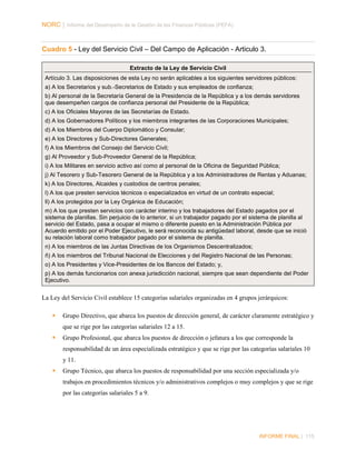 NORC │ Informe del Desempeño de la Gestión de las Finanzas Públicas (PEFA)

Cuadro 5 - Ley del Servicio Civil – Del Campo de Aplicación - Articulo 3.
Extracto de la Ley de Servicio Civil
Artículo 3. Las disposiciones de esta Ley no serán aplicables a los siguientes servidores públicos:
a) A los Secretarios y sub.-Secretarios de Estado y sus empleados de confianza;
b) Al personal de la Secretaría General de la Presidencia de la República y a los demás servidores
que desempeñen cargos de confianza personal del Presidente de la República;
c) A los Oficiales Mayores de las Secretarías de Estado.
d) A los Gobernadores Políticos y los miembros integrantes de las Corporaciones Municipales;
d) A los Miembros del Cuerpo Diplomático y Consular;
e) A los Directores y Sub-Directores Generales;
f) A los Miembros del Consejo del Servicio Civil;
g) Al Proveedor y Sub-Proveedor General de la República;
i) A los Militares en servicio activo así como al personal de la Oficina de Seguridad Pública;
j) Al Tesorero y Sub-Tesorero General de la República y a los Administradores de Rentas y Aduanas;
k) A los Directores, Alcaides y custodios de centros penales;
l) A los que presten servicios técnicos o especializados en virtud de un contrato especial;
ll) A los protegidos por la Ley Orgánica de Educación;
m) A los que presten servicios con carácter interino y los trabajadores del Estado pagados por el
sistema de planillas. Sin perjuicio de lo anterior, si un trabajador pagado por el sistema de planilla al
servicio del Estado, pasa a ocupar el mismo o diferente puesto en la Administración Pública por
Acuerdo emitido por el Poder Ejecutivo, le será reconocida su antigüedad laboral, desde que se inició
su relación laboral como trabajador pagado por el sistema de planilla.
n) A los miembros de las Juntas Directivas de los Organismos Descentralizados;
ñ) A los miembros del Tribunal Nacional de Elecciones y del Registro Nacional de las Personas;
o) A los Presidentes y Vice-Presidentes de los Bancos del Estado; y,
p) A los demás funcionarios con anexa jurisdicción nacional, siempre que sean dependiente del Poder
Ejecutivo.

La Ley del Servicio Civil establece 15 categorías salariales organizadas en 4 grupos jerárquicos:


Grupo Directivo, que abarca los puestos de dirección general, de carácter claramente estratégico y
que se rige por las categorías salariales 12 a 15.



Grupo Profesional, que abarca los puestos de dirección o jefatura a los que corresponde la
responsabilidad de un área especializada estratégico y que se rige por las categorías salariales 10
y 11.



Grupo Técnico, que abarca los puestos de responsabilidad por una sección especializada y/o
trabajos en procedimientos técnicos y/o administrativos complejos o muy complejos y que se rige
por las categorías salariales 5 a 9.

INFORME FINAL | 115

 