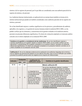 NORC │ Informe del Desempeño de la Gestión de las Finanzas Públicas (PEFA)
nómina o de los registros de personal, por lo que debe ser considerada como una auditoría parcial de los
registros de nómina y de personal.
Las Auditorías Internas institucionales, en aplicación de sus normas hacen también revisiones de la
nómina institucional que pueden ser también consideradas como auditorías parciales de los registros de
nómina y personal.
No se han identificado mejoras o cambios significativos en los procesos y procedimientos de auditoría
aplicables a los registros y a la gestión de recursos humanos desde la medición PEFA 2009, y se ha
podido verificar que los elementos y características de la gestión evaluados en la medición anterior,
persisten sin presentar diferencias significativas. El criterio de evaluación empleado en el presente análisis
coincide con el criterio empleado en la evaluación PEFA 2009.
Cambios en la gestión y consistencia de las mediciones. No se han identificado mejoras o
cambios significativos en la gestión desde la medición PEFA 2009 y se ha podido verificar que los
elementos y características de la gestión evaluados en la medición anterior, persisten sin presentar
diferencias significativas. El criterio de evaluación empleado en la presente medición coincide con el
criterio empleado en la evaluación del año 2009.
Calificación C. No se ha obtenido evidencia de la realización de auditorías integrales de la nómina y
de los registros de personal del Gobierno en los últimos tres años, pero si se ha verificado que existen
procesos de auditoría parcial sobre los registros de la mayoría de institucionales.

Evaluación
Indicador
2009
ID 18

(i)

2011

C+

Justificación de
calificación actual

D+

A

D

Cambios en la gestión identificados
Método calificación M1

La integridad de la
nómina está socavada
considerablemente
por la falta de
registros completos y
de una base de datos
del personal, o por la
falta de conciliación
entre las tres listas.

No se han identificado mejoras o cambios
significativos en la gestión desde la medición
PEFA 2009, pero en dicha evaluación sólo se
consideró al personal incluido en el Sistema de
Servicio Civil, que representa sólo una fracción
del sistema de nómina del Estado y no es
representativa de la gestión de recursos
humanos del Estado. La desintegración
existente entre los diversos sistemas de nómina
y recursos humanos existentes en el gobierno
ha sido tomada en cuenta en la presente
evaluación y esta diferencia en el criterio de
evaluación no permite comparar los resultados
de ambas evaluaciones

INFORME FINAL | 122

 