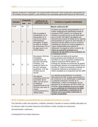 NORC │ Informe del Desempeño de la Gestión de las Finanzas Públicas (PEFA)
algunas omisiones no explicadas, han proporcionado información sobre la ejecución presupuestal que
ha resultado útil para la gestión y para satisfacer las necesidades gerenciales básicas de información.

Evaluación
Indicador
2009
ID 24

(i)

(ii)

(iii)

2011

B+

Justificación de
calificación actual

C

A

A

B

Cambios en la gestión identificados
Método calificación M1

C

Sólo es posible la
comparación con el
presupuesto en el
caso de los rubros
administrativos
principales. El gasto
se capta en la etapa
de compromiso o en la
de pago (pero no en
ambas etapas).

C

Se preparan informes
trimestrales
(posiblemente con
exclusión del primer
trimestre), y se
presentan dentro de
las ocho semanas
posteriores al fin del
trimestre que se
reporta.

C

Hay algunas
inquietudes acerca de
la precisión de los
datos, que tal vez no
se destaque
necesariamente en los
informes, pero esto no
socava
fundamentalmente su
utilidad básica

El sistema de reportes presupuestarios no ha
sufrido modificaciones significativas desde la
evaluación PEFA anterior, sin embargo las
actuales circunstancias de la caja fiscal hacen
que la omisión del registro del pagado sea
relevante para evaluar la utilidad de los reportes
presupuestarios la cual se ha visto reducida. La
evaluación del año 2009 no tuvo en cuenta la
necesidad de reportar los montos pagados, lo
cual es indispensable para obtener la
calificación A otorgada en dicho momento. El
criterio de evaluación empleado en la
evaluación del año 2009 no fue consistente con
la metodología PEFA
El calendario del sistema de reportes
presupuestarios está establecido en el marco
normativo el cual no ha sufrido modificaciones
desde la evaluación PEFA anterior, sin
embargo las actuales circunstancias de gestión
han generado atrasos en la presentación de los
reportes. El criterio de evaluación empleado en
la presente medición es consistente con el
criterio empleado en la evaluación del año 2009
Los reportes presupuestarios no muestran
adecuadamente todo el gasto presupuestario y
las omisiones no son identificadas y explicadas.
La presente evaluación coincide en su
metodología y criterio de evaluación con los
aplicados en la evaluación del PEFA 2009, sin
embargo, dicha evaluación no tuvo en cuenta
que los problemas y/o omisiones en los datos
deben ser identificados y explicados en los
informes, por lo que ambas mediciones no
resultan comparables

ID-25. Calidad y puntualidad de los estados financieros anuales
Este indicador evalúa cuán oportunos, completos, puntuales y basados en normas contables adecuadas son
los informes sobre los estados financieros del Gobierno Central, incluidas las instituciones
descentralizadas y autónomas.
(i) Integridad de los estados financieros.

INFORME FINAL | 151

 