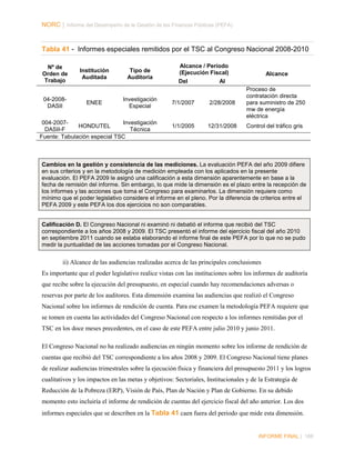 NORC │ Informe del Desempeño de la Gestión de las Finanzas Públicas (PEFA)

Tabla 41 - Informes especiales remitidos por el TSC al Congreso Nacional 2008-2010
Nº de
Orden de
Trabajo
04-2008DASII

Institución
Auditada

ENEE

Tipo de
Auditoría

Investigación
Especial

004-2007Investigación
HONDUTEL
DASII-F
Técnica
Fuente: Tabulación especial TSC

Alcance / Período
(Ejecución Fiscal)
Del
Al

Alcance

7/1/2007

2/28/2008

Proceso de
contratación directa
para suministro de 250
mw de energía
eléctrica

1/1/2005

12/31/2008

Control del tráfico gris

Cambios en la gestión y consistencia de las mediciones. La evaluación PEFA del año 2009 difiere
en sus criterios y en la metodología de medición empleada con los aplicados en la presente
evaluación. El PEFA 2009 le asignó una calificación a esta dimensión aparentemente en base a la
fecha de remisión del informe. Sin embargo, lo que mide la dimensión es el plazo entre la recepción de
los informes y las acciones que toma el Congreso para examinarlos. La dimensión requiere como
mínimo que el poder legislativo considere el informe en el pleno. Por la diferencia de criterios entre el
PEFA 2009 y este PEFA los dos ejercicios no son comparables.
Calificación D. El Congreso Nacional ni examinó ni debatió el informe que recibió del TSC
correspondiente a los años 2008 y 2009. El TSC presentó el informe del ejercicio fiscal del año 2010
en septiembre 2011 cuando se estaba elaborando el informe final de este PEFA por lo que no se pudo
medir la puntualidad de las acciones tomadas por el Congreso Nacional.

ii) Alcance de las audiencias realizadas acerca de las principales conclusiones
Es importante que el poder legislativo realice vistas con las instituciones sobre los informes de auditoría
que recibe sobre la ejecución del presupuesto, en especial cuando hay recomendaciones adversas o
reservas por parte de los auditores. Esta dimensión examina las audiencias que realizó el Congreso
Nacional sobre los informes de rendición de cuenta. Para ese examen la metodología PEFA requiere que
se tomen en cuenta las actividades del Congreso Nacional con respecto a los informes remitidas por el
TSC en los doce meses precedentes, en el caso de este PEFA entre julio 2010 y junio 2011.
El Congreso Nacional no ha realizado audiencias en ningún momento sobre los informe de rendición de
cuentas que recibió del TSC correspondiente a los años 2008 y 2009. El Congreso Nacional tiene planes
de realizar audiencias trimestrales sobre la ejecución física y financiera del presupuesto 2011 y los logros
cualitativos y los impactos en las metas y objetivos: Sectoriales, Institucionales y de la Estrategia de
Reducción de la Pobreza (ERP), Visión de País, Plan de Nación y Plan de Gobierno. En su debido
momento esto incluiría el informe de rendición de cuentas del ejercicio fiscal del año anterior. Los dos
informes especiales que se describen en la Tabla 41 caen fuera del periodo que mide esta dimensión.

INFORME FINAL | 168

 