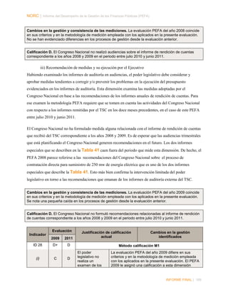 NORC │ Informe del Desempeño de la Gestión de las Finanzas Públicas (PEFA)

Cambios en la gestión y consistencia de las mediciones. La evaluación PEFA del año 2008 coincide
en sus criterios y en la metodología de medición empleada con los aplicados en la presente evaluación.
No se han evidenciado diferencias en los procesos de gestión desde la evaluación anterior.

Calificación D. El Congreso Nacional no realizó audiencias sobre el informe de rendición de cuentas
correspondiente a los años 2008 y 2009 en el periodo entre julio 2010 y junio 2011.

iii) Recomendación de medidas y su ejecución por el Ejecutivo
Habiendo examinado los informes de auditoría en audiencias, el poder legislativo debe considerar y
aprobar medidas tendientes a corregir y/o prevenir los problemas en la ejecución del presupuesto
evidenciados en los informes de auditoría. Esta dimensión examina las medidas adoptadas por el
Congreso Nacional en base a las recomendaciones de los informes anuales de rendición de cuentas. Para
ese examen la metodología PEFA requiere que se tomen en cuenta las actividades del Congreso Nacional
con respecto a los informes remitidas por el TSC en los doce meses precedentes, en el caso de este PEFA
entre julio 2010 y junio 2011.
El Congreso Nacional no ha formulado medida alguna relacionada con el informe de rendición de cuentas
que recibió del TSC correspondiente a los años 2008 y 2009. Es de esperar que las audiencias trimestrales
que está planificando el Congreso Nacional generen recomendaciones en el futuro. Los dos informes
especiales que se describen en la Tabla 41 caen fuera del periodo que mide esta dimensión. De hecho, el
PEFA 2008 parece referirse a las recomendaciones del Congreso Nacional sobre el proceso de
contratación directa para suministro de 250 mw de energía eléctrica que es uno de los dos informes
especiales que describe la Tabla 41. Esto más bien confirma la intervención limitada del poder
legislativo en torno a las recomendaciones que emanan de los informes de auditoría externa del TSC.
Cambios en la gestión y consistencia de las mediciones. La evaluación PEFA del año 2009 coincide
en sus criterios y en la metodología de medición empleada con los aplicados en la presente evaluación.
Se nota una pequeña caída en los procesos de gestión desde la evaluación anterior.
Calificación D. El Congreso Nacional no formuló recomendaciones relacionadas al informe de rendición
de cuentas correspondiente a los años 2008 y 2009 en el periodo entre julio 2010 y junio 2011.

Evaluación
Indicador
2009
ID 28

(i)

2011

D+

Justificación de calificación
actual

D

C

D

Cambios en la gestión
identificados

Método calificación M1
El poder
legislativo no
realiza un
examen de los

La evaluación PEFA del año 2009 difiere en sus
criterios y en la metodología de medición empleada
con los aplicados en la presente evaluación. El PEFA
2009 le asignó una calificación a esta dimensión

INFORME FINAL | 169

 