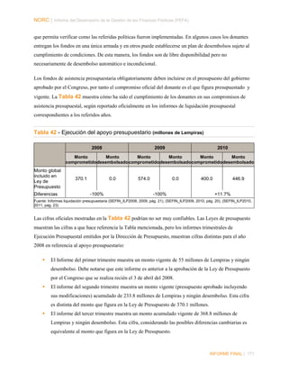 NORC │ Informe del Desempeño de la Gestión de las Finanzas Públicas (PEFA)
que permita verificar como las referidas políticas fueron implementadas. En algunos casos los donantes
entregan los fondos en una única armada y en otros puede establecerse un plan de desembolsos sujeto al
cumplimiento de condiciones. De esta manera, los fondos son de libre disponibilidad pero no
necesariamente de desembolso automático e incondicional.
Los fondos de asistencia presupuestaria obligatoriamente deben incluirse en el presupuesto del gobierno
aprobado por el Congreso, por tanto el compromiso oficial del donante es el que figura presupuestado y
vigente. La Tabla 42 muestra cómo ha sido el cumplimiento de los donantes en sus compromisos de
asistencia presupuestal, según reportado oficialmente en los informes de liquidación presupuestal
correspondientes a los referidos años.

Tabla 42 - Ejecución del apoyo presupuestario (millones de Lempiras)
2008

2009

2010

Monto
Monto
Monto
Monto
Monto
Monto
comprometido desembolsado comprometido desembolsado comprometido desembolsado

Monto global
incluido en
Ley de
Presupuesto
Diferencias

370.1

0.0
-100%

574.0

0.0

400.0

-100%

446.9
+11.7%

Fuente: Informes liquidación presupuestaria (SEFIN_ILP2008, 2009, pág. 21), (SEFIN_ILP2009, 2010, pág. 20), (SEFIN_ILP2010,
2011, pág. 23)

Las cifras oficiales mostradas en la Tabla 42 podrían no ser muy confiables. Las Leyes de presupuesto
muestran las cifras a que hace referencia la Tabla mencionada, pero los informes trimestrales de
Ejecución Presupuestal emitidos por la Dirección de Presupuesto, muestran cifras distintas para el año
2008 en referencia al apoyo presupuestario:


El Informe del primer trimestre muestra un monto vigente de 55 millones de Lempiras y ningún
desembolso. Debe notarse que este informe es anterior a la aprobación de la Ley de Presupuesto
por el Congreso que se realiza recién el 3 de abril del 2008.



El informe del segundo trimestre muestra un monto vigente (presupuesto aprobado incluyendo
sus modificaciones) acumulado de 233.8 millones de Lempiras y ningún desembolso. Esta cifra
es distinta del monto que figura en la Ley de Presupuesto de 370.1 millones.



El informe del tercer trimestre muestra un monto acumulado vigente de 368.8 millones de
Lempiras y ningún desembolso. Esta cifra, considerando las posibles diferencias cambiarias es
equivalente al monto que figura en la Ley de Presupuesto.

INFORME FINAL | 171

 