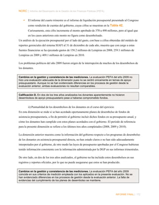 NORC │ Informe del Desempeño de la Gestión de las Finanzas Públicas (PEFA)


El informe del cuarto trimestre es el informe de liquidación presupuestal presentado al Congreso
como rendición de cuentas del gobierno, cuyas cifras se muestran en la Tabla 42.
Curiosamente, esta cifra incrementa el monto aprobado de 370 a 490 millones, pero al igual que
en los casos anteriores este monto no figura como desembolsado.

Un análisis de la ejecución presupuestal por el lado del gasto, con base a cifras obtenidas del módulo de
reportes gerenciales del sistema SIAFI al 31 de diciembre de cada año, muestra que con cargo a estas
fuentes financieras se ha ejecutado gastos de 158.2 millones de Lempiras en 2008, 259.1 millones de
Lempiras en 2009 y 409.1 millones de Lempiras en 2010.
Los problemas políticos del año 2009 fueron origen de la interrupción de muchos de los desembolsos de
los donantes.
Cambios en la gestión y consistencia de las mediciones. La evaluación PEFA del año 2009 no
hizo una evaluación adecuada de la dimensión pues no se centró únicamente en temas de apoyo
presupuestario. Aunque no se han evidenciado diferencias en los procesos de gestión desde la
evaluación anterior, ambas evaluaciones no resultan comparables.

Calificación D. En dos de los tres años analizados los donantes aparentemente no hicieron
desembolsos de apoyo presupuestario pese a haberse comprometido fondos.

ii) Puntualidad de los desembolsos de los donantes en el curso del ejercicio
En esta dimensión se mide si se han acordado oportunamente planes de desembolso de fondos de
asistencia presupuestaria, a fin de permitir al gobierno incluir dichos fondos en su presupuesto anual, y
cómo los donantes han cumplido con estos planes acordados con el gobierno. El periodo de referencia
para la presente dimensión se refiere a los últimos tres años completados (2008, 2009 y 2010).
La dimensión anterior muestra como la información del gobierno respecto a los programas de desembolso
de los donantes en asistencia presupuestal directa, no han estado claros o no han sido adecuadamente
interpretados por el gobierno, de otro modo las leyes de presupuesto aprobadas por el Congreso hubieran
tenido información consistente con la información administrada por la DGP en sus informes trimestrales.
De otro lado, en dos de los tres años analizados, el gobierno no ha incluido estos desembolsos en sus
registros y reportes oficiales, por lo que no puede asegurarse que estos se han producido.
Cambios en la gestión y consistencia de las mediciones. La evaluación PEFA del año 2009
coincide en sus criterios de medición empleada con los aplicados en la presente evaluación. No se
han evidenciado diferencias en los procesos de gestión desde la evaluación anterior. La falta de
evidencias del cumplimiento de los planes de desembolso se mantiene.

INFORME FINAL | 172

 