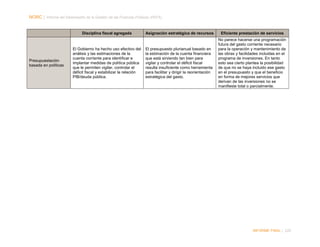 NORC │ Informe del Desempeño de la Gestión de las Finanzas Públicas (PEFA)

Disciplina fiscal agregada

Presupuestación
basada en políticas

El Gobierno ha hecho uso efectivo del
análisis y las estimaciones de la
cuenta corriente para identificar e
implantar medidas de política pública
que le permiten vigilar, controlar el
déficit fiscal y estabilizar la relación
PIB/deuda pública.

Asignación estratégica de recursos

Eficiente prestación de servicios

El presupuesto plurianual basado en
la estimación de la cuenta financiera
que está sirviendo tan bien para
vigilar y controlar el déficit fiscal
resulta insuficiente como herramienta
para facilitar y dirigir la reorientación
estratégica del gasto.

No parece hacerse una programación
futura del gasto corriente necesario
para la operación y mantenimiento de
las obras y facilidades incluidas en el
programa de inversiones. En tanto
esto sea cierto plantea la posibilidad
de que no se haya incluido ese gasto
en el presupuesto y que el beneficio
en forma de mejores servicios que
derivan de las inversiones no se
manifieste total o parcialmente.

INFORME FINAL | 220

 