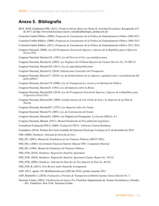 NORC │ Informe del Desempeño de la Gestión de las Finanzas Públicas (PEFA)

Anexo 5. Bibliografía
BCH_WEB_Estadisticas PIB. (2011). Producto Interno Bruto por Rama de Actividad Económica. Recuperado el 8
de 2011, de http://www.bch.hn/esteco/sector_real/pib/pibenfoque_produccion.xls
Comisión Crédito Público. (2008). Propuesta de Lineamientos de la Política de Endeudamiento Público 2008-2011.
Comisión Crédito Público. (2009). Propuesta de Lineamientos de la Política de Endeudamiento Público 2009-2013.
Comisión Crédito Público. (2011). Propuesta de Lineamientos de la Política de Endeudamiento Público 2011-2014.
Congreso Nacional. (2009). Ley del Presupuesto General de Ingresos y Egresos de la República para el Ejercicio
Fiscal 2010.
Congreso Nacional; Decreto126. (1967). Ley del Servicio Civil y sus modoficaciones.
Congreso Nacional_Decreto10. (2002). Ley Orgánica del Tribunal Superior de Cuentas Decreto No. 10-2002-E.
Congreso Nacional_Decreto105. (2011). Ley de seguridad poblacional.
Congreso Nacional_Decreto16. (2010). Disposiciones Generales del Presupuesto .
Congreso Nacional_Decreto17. (2010). Ley de fortalecimiento de los ingresos, equidad social y racionalización del
gasto público.
Congreso Nacional_Decreto170. (2006). Ley de Transparencia y Acceso a la Información Pública.
Congreso Nacional_Decreto25. (1963). Ley del impuesto sobre la Renta.
Congreso Nacional_Decreto264. (2010). Ley del Presupuesto General de Ingresos y Egresos de la República para
el Ejercicio Fiscal 2011.
Congreso Nacional_Decreto286. (2009). Establecimiento de Una Visión de País y la Adopción de un Plan de
Nación.
Congreso Nacional_Decreto287. (1975). Ley Impuesto sobre las Ventas.
Congreso Nacional_Decreto74. (2001). Ley de Contratación del Estado.
Congreso Nacional_Decreto83. (2004). Ley Orgánica de Presupuesto. La Gaceta (30421), A-1.
Congreso Nacional_Manual. (2011). Manual Hondureño de Procedimiento Legislativo.
Consultores Evaluación PEFA. (2009). Evaluación PEFA - Gobierno Central Honduras.
Contaduría. (2010). Normas del Cierre Contable del Ejercicio Fiscal que Concluye al 31 de diciembre de 2010.
FMI. (2008). Honduras: Solicitud de Derecho de Giro.
FMI_M1. (2001). Manual de Estadísticas de las Finanzas Públicas (MEFP 2001).
FMI_M1a. (2002). Government Financial Statistic Manual 2001, Companion Material.
FMI_M2. (1986). Manual de Estadística de Finanzas Públicas.
FMI_STB. (2010). Honduras: Request for Stand-by Agreement.
FMI_STB. (2010). Honduras: Request for Stand-by Agreement Country Report No. 10/322.
FMI_STB. (2008). Honduras: Solicitud de Derecho de Giro Reporte de País No. 08/241.
FMI_STB_R. (2011). First Review under Stand-By Arrangement.
IAIP. (2011, agosto 19). Modificaciones por IAIP año 2010 y primer semestre 2011.
IAIP_BoletínNo.3. (2010). Evaluación a Portales de Transparencia Boletín Cuentas Claras Edición No. 3.
Naciones Unidas. (2001). Clasificación de Gastos Por Finalidad. Departamento de Asuntos Económicos y Sociales
- Div. Estadistica. New York: Naciones Unidas.

INFORME FINAL | 223

 
