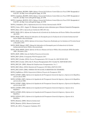 NORC │ Informe del Desempeño de la Gestión de las Finanzas Públicas (PEFA)
SEFIN_Contaduria_BG2008. (2009). Balance General del Gobierno Central Efercicio Fiscal 2008. Recuperado el
8 de 2011, de http://www.sefin.gob.hn/?page_id=2398
SEFIN_Contaduria_BG2009. (2010). Balance General del Gobierno Central Efercicio Fiscal 2009. Recuperado el
8 de 2011, de http://www.sefin.gob.hn/?page_id=2398
SEFIN_Contaduria_BG2010. (2011). Balance General del Gobierno Central Efercicio Fiscal 2010. Recuperado el
8 de 2011, de http://www.sefin.gob.hn/?page_id=2398
SEFIN_Contanduría. (2011). Implementación de las Normas Internacionales NICSP.
SEFIN_Correo. (2011, August 19). Mensaje enviado por correo eléctronico por el Director General de Presupuesto.
SEFIN_Datos. (2011). Ejecución por Institución 2005.2011.xlsx.
SEFIN_DGID. (2011). Informe de Evaluación de la Gestión de las Instituciones del Sector Público Descentralizado
Año 2010.
SEFIN_DGID. (2007). Manual de Indicadores de Desempeño para la Evaluación de la Gestión Institucional del
Sector Público Descentralizado.
SEFIN_DGID_InvFin. (2010). Informe de Inversiones Financieras Realizadas por los Institutos de Previsión Social
a Diciembre 2010.
SEFIN_DGID_Manual. (2007). Manual de Indicadores de Desempeño para la Evaluación de la Gestión
Institucional del Sector Público Descentralizado.
SEFIN_DGID_RRHH. (2010). Informe de Recurso Humano del Sector Público Descentralizado (SPD) Diciembre
2009 - Diciembre 2010.
SEFIN_DGIP. (2008). Guía de Perfil de Proyectos de Inversión.
SEFIN_DGP. (2010). Cronograma POA Presupuesto 2011.
SEFIN_DGP_Circular. (2010). Proceso Presupuuestario 2011 Circular No. DGP-ID-065-2010.
SEFIN_DGP_Circular. (2010, July 9). Proceso Presupuuestario 2011 Circular No. DGP-ID-065-2010.
SEFIN_DGP_M1. (2005). Manual de Clasificaciones Presupuestarias, Ver. 2.
SEFIN_DGP_Oficio. (2010). Remisión del Presupuesto 2010 Oficio DGP-033-2010.
SEFIN_DGP_SIAFI. (2006). NORMAS TECNICAS DEL SUBSISTEMA DE TESORERÍA.
SEFIN_ExpMotivos. (2010). Exposición de Motivos Proyecto de Presupuesto 2010.
SEFIN_ILP2005. (2006). Informe de la liquidación del Presupuesto General de Ingresos y Egresos de la Republica,
ejercicio fiscal 2005.
SEFIN_ILP2006. (2007). Informe de la liquidación del Presupuesto General de Ingresos y Egresos de la Republica,
ejercicio fiscal 2006.
SEFIN_ILP2007. (2008). Informe de la liquidación del Presupuesto General de Ingresos y Egresos de la Republica,
ejercicio fiscal 2007.
SEFIN_ILP2008. (2009). Informe de la Liquidación del Presupuesto General de Ingresos y Egresos de la
Republica.
SEFIN_ILP2009. (2010). Informe de la Liquidación del Presupuesto General de Ingresos y Egresos de la
Republica.
SEFIN_ILP2010. (2011). Informe de la Liquidación del Presupuesto General de Ingresos y Egresos de la
Republica.
SEFIN_Memoria. (2009). Memoria Institucional.
SEFIN_Memoria. (2010). Memoria Institucional.
SEFIN_obi. (2011). Presupuesto Ciudadano 2011.

INFORME FINAL | 225

 