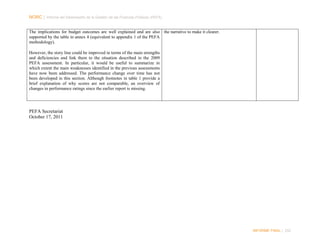 NORC │ Informe del Desempeño de la Gestión de las Finanzas Públicas (PEFA)
The implications for budget outcomes are well explained and are also the narrative to make it clearer.
supported by the table in annex 4 (equivalent to appendix 1 of the PEFA
methodology).
However, the story line could be improved in terms of the main strengths
and deficiencies and link them to the situation described in the 2009
PEFA assessment. In particular, it would be useful to summarize in
which extent the main weaknesses identified in the previous assessments
have now been addressed. The performance change over time has not
been developed in this section. Although footnotes in table 1 provide a
brief explanation of why scores are not comparable, an overview of
changes in performance ratings since the earlier report is missing.

PEFA Secretariat
October 17, 2011

INFORME FINAL | 252

 