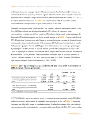 NORC │ Informe del Desempeño de la Gestión de las Finanzas Públicas (PEFA)
probable que las cuentas por pagar vigentes al finalizar el ejercicio fiscal (sub cuenta 211) incluyan una
combinación de “atrasos técnicos” y de atrasos según la definición anterior. En el caso de las cuentas por
pagar de ejercicios anteriores (que por definición llevan pendientes más de un año) (cuentas 2142, 2144 y
2145) todo el saldo son atrasos. En la Tabla 13 se observa que ese saldo de las cuentas aumenta
considerablemente como porcentaje del gasto total al finalizar el año 2010.
Para medir con mayor precisión el indicador ID-3, que considera solamente los atrasos al concluir el año
2010, SEFIN nos informó que del total de Lempiras 7,423.3 millones de cuentas por pagar
correspondientes a ese ejercicio, 6.6%, o Lempiras 487.4 millones, habían estado pendientes de pago 45
días o más al 31 de diciembre de ese año. Según se puede apreciar en la Tabla 13 esto es equivalente al
0.7% del gasto total ejecutado en ese año. Si a eso se le suman las cuentas por pagar de años anteriores se
obtiene que los atrasos totales al cierre del 2010 representan el 3.5% del gasto total ejecutado en ese año.
No hay un dato igual para el cierre del 2009, pero de los informes de ese año se sabe que quedaron por
pagar Lempiras 10, 465.4 millones de la deuda flotante, que habiendo sido registrados en abril del 2011
(luego de la prórroga del cierre del año autorizada por el Congreso Nacional) por definición tenían más de
45 días de atraso. (SEFIN_Memoria, 2009) Sumado a las cuentas por pagar de ejercicios anteriores al
cierre del 2009 esto representa el 14.8% del gasto total ejecutado en el 2009. Claramente, SEFIN logró
bajar considerablemente el saldo de atrasos entre el 2009 y el 2010.

Tabla 13 Saldo de cuentas por pagar pendientes 45 días o más al 31 de diciembre del
2010 (lempiras millones, porcentaje)
Ejecutado
Total
Devengado no pagado al cierre del 2010
Cuentas por pagar de ejercicios anteriores
Total
Saldo Deuda Flotante al Cierre del 2009
Cuentas por pagar de ejercicios anteriores
Total

7,423.3
1,933.6
9,356.9

>45
días
487.4
1,933.6
2,421.0
10,465.4
48.9
10,514.3

%
6.6%
100%
25.9%

2010

69,149.2
2009

70,970.6

>45 días
%
0.7%
2.8%
3.5%
14.7%
0.1%
14.8%

Fuente: >45 días 2010 - Tabulación especial SEFIN

El PEFA 2009 indica que no se reportaron atrasos en los pagos presupuestados en el periodo 2006-2008
sin hacer referencia a la información de los estados financieros de fin de año. La Tabla 12 demuestra
claramente que sí los hubo, aunque en cantidades mínimas. Se sabe ahora que esas cifras eran realmente
mayores y que existían gastos ejecutados y no pagados adicionales del periodo 2006-2009 que no estaban

INFORME FINAL | 49

 