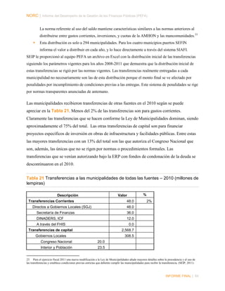 NORC │ Informe del Desempeño de la Gestión de las Finanzas Públicas (PEFA)
La norma referente al uso del saldo mantiene características similares a las normas anteriores al
distribuirse entre gastos corrientes, inversiones, y cuotas de la AMHON y las mancomunidades.23


Esta distribución es solo a 294 municipalidades. Para los cuatro municipios puertos SEFIN
informa el valor a distribuir en cada año, y lo hace directamente a través del sistema SIAFI.

SEIP le proporcionó al equipo PEFA un archivo en Excel con la distribución inicial de las transferencias
siguiendo los parámetros vigentes para los años 2008-2011 que demuestra que la distribución inicial de
estas transferencias se rigió por las normas vigentes. Las transferencias realmente entregadas a cada
municipalidad no necesariamente son las de esta distribución porque el monto final se ve afectado por
penalidades por incumplimiento de condiciones previas a las entregas. Este sistema de penalidades se rige
por normas transparentes anunciadas de antemano.

Las municipalidades recibieron transferencias de otras fuentes en el 2010 según se puede
apreciar en la Tabla 21. Menos del 2% de las transferencias son para gastos corrientes.
Claramente las transferencias que se hacen conforme la Ley de Municipalidades dominan, siendo
aproximadamente el 75% del total. Las otras transferencias de capital son para financiar
proyectos específicos de inversión en obras de infraestructura y facilidades públicas. Entre estas
las mayores transferencias con un 13% del total son las que autoriza el Congreso Nacional que
son, además, las únicas que no se rigen por normas o procedimientos formales. Las
transferencias que se venían autorizando bajo la ERP con fondos de condonación de la deuda se
descontinuaron en el 2010.
Tabla 21 Transferencias a las municipalidades de todas las fuentes – 2010 (millones de
lempiras)
Descripción

%

Valor

Transferencias Corrientes

48.0

Directos a Gobiernos Locales (SGJ)

2%

48.0

Secretaría de Finanzas

36.0

DINADERS, ICF

12.0

A través del FHIS

0.0

Transferencias de capital

2,568.7

Gobiernos Locales

308.5

Congreso Nacional

20.0

Interior y Población

23.5

23 Para el ejercicio fiscal 2011 una nueva modificación a la Ley de Municipalidades añade mayores detalles sobre la procedencia y el uso de
las transferencias y establece condiciones previas estrictas que deberán cumplir las municipalidades para recibir la transferencia. (SEIP, 2011)

INFORME FINAL | 64

 