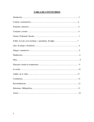 2
TABLA DE CONTENIDOS
Introducción……………………..…………………………………………………….……3
Contexto socioeducativo……………………………………………………………..-…...4
Propósitos educativos………………………………………………………………………5
Conceptos y teorías……………………………………………………………………..….6
Práctica Profesional Docente……………………………………………………………….7
El libro de texto en la enseñanza y aprendizaje del inglés……………………………..…7
Libro de trabajo o Workbook………………………………………………………………8
Enfoque comunicativo………………………………………………………………………8
Planificación…………………………………………………………………………………8
Meta………………………………………………………………………………………….9
Educación basada en competencias…………………………………………………………9
La acción…………………………………………………………………………………...10
Análisis de lo vivido…………………………………………………………………..…..11
Conclusiones……………………………………………………………………………….12
Recomendaciones…………………………………………………………………………..12
Referencias Bibliográficas…………………………………………………………………13
Anexos……………………………………………………………………………………...18
 