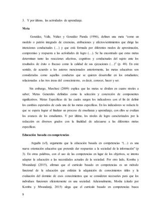 9
3. Y por último, las actividades de aprendizaje.
Meta
González, Valle, Núñez y González Pienda (1996), definen una meta “como un
modelo o patrón integrado de creencias, atribuciones y afectos/sentimientos que dirige las
intenciones conductuales (…) y que está formada por diferentes modos de aproximación,
compromiso y respuesta a las actividades de logro (…). Se ha encontrado que estas metas
determinan tanto las reacciones afectivas, cognitivas y conductuales del sujeto ante los
resultados de éxito o fracaso como la calidad de sus ejecuciones (…)” (p. 48). En este
sentido, de acuerdo a los autores mencionados anteriormente, las metas educativas son
consideradas como aquellas conductas que se quieren desarrollar en los estudiantes;
relacionadas a las tres áreas del conocimiento, es decir, conocer, hacer y ser.
Sin embargo, Marchesi (2009) explica que las metas se dividen en cuatro niveles a
saber; Metas Generales definidas como la selección y concreción de componentes
significativos. Metas Especificas de las cuales surgen los indicadores con el fin de definir
los cambios esperados de cada una de las metas especificas. En los indicadores se redacta lo
que se espera lograr al finalizar un proceso de enseñanza y aprendizaje, con ellos se evalúan
los avances de los estudiantes. Y por último, los niveles de logro caracterizados por la
redacción en diversos grados con la finalidad de adecuarse a las diferentes metas
específicas.
Educación basada en competencias
Argudín (s/f), argumenta que la educación basada en competencias “(…) es una
nueva orientación educativa que pretende dar respuestas a la sociedad de la información” (p
3). En otras palabras, con el uso de las competencias en lugar de los objetivos, se intenta
adaptar la educación a las necesidades actuales de la sociedad. Por otro lado, Komba y
Mwandanji (2015), afirman que el currículo basado en competencias es un método
funcional de la educación que enfatiza la adquisición de conocimientos útiles y la
evaluación del dominio de esos conocimientos que se consideran necesarios para que los
individuos funcionen eficientemente en una sociedad. Adicionalmente, Mosha (citado por
Komba y Mwandanji, 2015) alega que el currículo basado en competencias busca
 