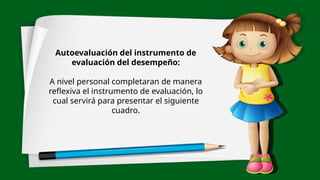 Autoevaluación del instrumento de
evaluación del desempeño:
A nivel personal completaran de manera
reflexiva el instrumento de evaluación, lo
cual servirá para presentar el siguiente
cuadro.
 