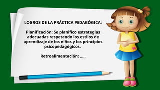 LOGROS DE LA PRÁCTICA PEDAGÓGICA:
Planificación: Se planifico estrategias
adecuadas respetando los estilos de
aprendizaje de los niños y los principios
psicopedagógicos.
Retroalimentación: …..
 