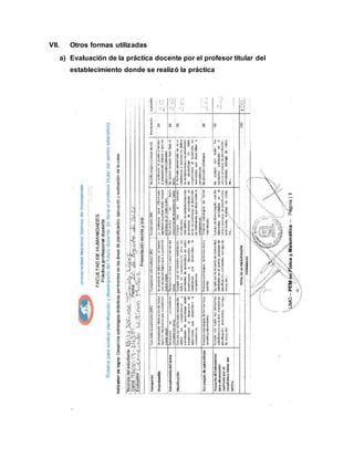 VII. Otros formas utilizadas
a) Evaluación de la práctica docente por el profesor titular del
establecimiento donde se realizó la práctica
 