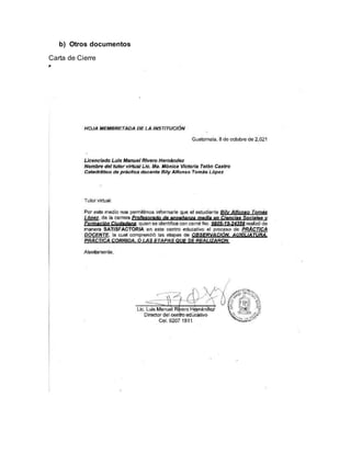 b) Otros documentos
Carta de Cierre
 