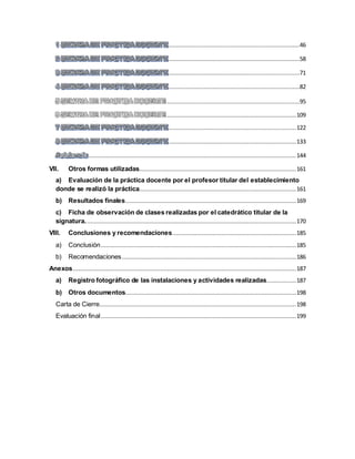 ............................................................................46
............................................................................58
............................................................................71
............................................................................82
............................................................................95
..........................................................................109
..........................................................................122
..........................................................................133
.......................................................................................................................144
VII. Otros formas utilizadas..........................................................................................161
a) Evaluación de la práctica docente por el profesor titular del establecimiento
donde se realizó la práctica..........................................................................................161
b) Resultados finales..................................................................................................169
c) Ficha de observación de clases realizadas por el catedrático titular de la
signatura.........................................................................................................................170
VIII. Conclusiones y recomendaciones.......................................................................185
a) Conclusión................................................................................................................185
b) Recomendaciones....................................................................................................186
Anexos................................................................................................................................187
a) Registro fotográfico de las instalaciones y actividades realizadas.................187
b) Otros documentos..................................................................................................198
Carta de Cierre.................................................................................................................198
Evaluación final................................................................................................................199
 