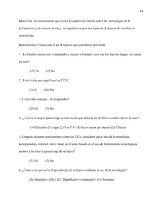 149
Identificar el conocimiento que tienen los padres de familia sobre las tecnologías de la
información y la comunicación y la importancia para sus hijos en el proceso de enseñanza-
aprendizaje.
Instrucciones: Coloca una X en el espacio que consideres pertinente
1. La familia cuenta con computador y acceso a Internet para que los hijos/as hagan las tareas
en casa?
(23) Si (2) No
2, Usted sabe que significan las TICs?.
(1) Si (24) No
3. Usted sabe manejar el computador?
(20) Si (5) No
4. ¿Cuál es el mayor pasatiempo o motivación que detecta en el niño/a cuando está en la casa?
(14) Estudiar (1) Jugar (2) Ver T.V (3) hacer tareas en internet (5) Chatear
5. Después de tener conocimiento sobre las TICs, considera que el uso de la tecnología
(computadora, internet, entre otros) en el aula, basada en el uso de herramientas tecnológicas
motive y facilita el aprendizaje de su hijo/a?
(23) Si (2) No
6. ¿Cómo cree que sería el aprendizaje de su hijo/a mediante el uso de la tecnología?
(2) Aburrido y difícil (20) Significativo e interactivo (3) Dinámico
 