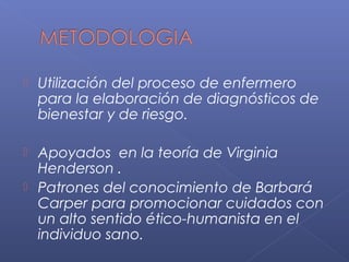  Utilización del proceso de enfermero
para la elaboración de diagnósticos de
bienestar y de riesgo.
 Apoyados en la teoría de Virginia
Henderson .
 Patrones del conocimiento de Barbará
Carper para promocionar cuidados con
un alto sentido ético-humanista en el
individuo sano.
 