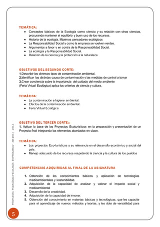 5
PROPUESTAPEDAGÓGICA“ECOLOGÍAEMPRESARIAL”AD-105|2015
TEMÁTICA:
● Conceptos básicos de la Ecología como ciencia y su relación con otras ciencias,
procurando mantener el equilibrio y buen uso de los recursos.
● Historia de la ecología. Máximos pensadores ecológicos
● La Responsabilidad Social y como la empresa se vuelven verdes.
● Argumentos a favor y en contra de la Responsabilidad Social.
● La ecología y la Responsabilidad Social.
● Relación de la ciencia y la protección a la naturaleza
OBJETIVOS DEL SEGUNDO CORTE:
1.Describir los diversos tipos de contaminación ambiental.
2.Identificar las distintas causa de contaminación y las medidas de control a tomar
3.Crear conciencia sobre la importancia del cuidado del medio ambiente
(Feria Virtual Ecológica) aplica los criterios de ciencia y cultura.
TEMÁTICA:
● La contaminación e higiene ambiental.
● Efectos de la contaminación ambiental.
● Feria Virtual Ecológica
OBJETIVO DEL TERCER CORTE::
1. Aplicar la base de los Proyectos Ecoturísticos en la preparación y presentación de un
Proyecto final integrando los elementos abordados en clase.
TE MÁTICA:
● Los proyectos Eco-turísticos y su relevancia en el desarrollo económico y social del
país.
● Manejo adecuado de los recursos respetando la ciencia y la cultura de los pueblos
COMPETENCIAS ADQUIRIDAS AL FINAL DE LA ASIGNATURA
1. Obtención de los conocimientos básicos y aplicación de tecnologías
medioambientales y sostenibilidad.
2. Adquisición de la capacidad de analizar y valorar el impacto social y
medioambiental
3. Desarrollo de la creatividad.
4. Adquisición de la capacidad de innovar.
5. Obtención del conocimiento en materias básicas y tecnológicas, que les capacite
para el aprendizaje de nuevos métodos y teorías, y les dote de versatilidad para
 