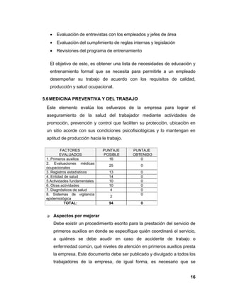 •    Evaluación de entrevistas con los empleados y jefes de área
     •    Evaluación del cumplimiento de reglas internas y legislación
     •    Revisiones del programa de entrenamiento

     El objetivo de esto, es obtener una lista de necesidades de educación y
     entrenamiento formal que se necesita para permitirle a un empleado
     desempeñar su trabajo de acuerdo con los requisitos de calidad,
     producción y salud ocupacional.

5.6 MEDICINA PREVENTIVA Y DEL TRABAJO
 Este elemento evalúa los esfuerzos de la empresa para lograr el
 aseguramiento de la salud del trabajador mediante actividades de
 promoción, prevención y control que faciliten su protección, ubicación en
 un sitio acorde con sus condiciones psicofisiológicas y lo mantengan en
 aptitud de producción hacia le trabajo.

          FACTORES               PUNTAJE         PUNTAJE
         EVALUADOS               POSIBLE         OBTENIDO
 1. Primeros auxilios              16               0
 2. Evaluaciones médicas
                                     25              0
 ocupacionales
 3. Registros estadísticos           13              0
 4. Entidad de salud                 14              0
 5.Actividades fundamentales         10              0
 6. Otras actividades                10              0
 7. Diagnósticos de salud            4               0
 8. Sistemas de vigilancia                           0
                                     2
 epidemiológica
            TOTAL:                   94              0


        Aspectos por mejorar
         Debe existir un procedimiento escrito para la prestación del servicio de
         primeros auxilios en donde se especifique quién coordinará el servicio,
         a quiénes se debe acudir en caso de accidente de trabajo o
         enfermedad común, qué niveles de atención en primeros auxilios presta
         la empresa. Este documento debe ser publicado y divulgado a todos los
         trabajadores de la empresa, de igual forma, es necesario que se


                                                                              16
 