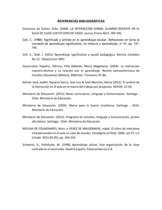 REFERENCIAS BIBLIOGRÁFICAS
Camacaro de Suárez, Zully. (2008). LA INTERACCIÓN VERBAL ALUMNO-DOCENTE EN EL
AULA DE CLASE (UN ESTUDIO DE CASO). Laurus, Enero-Abril, 189-206.
Coll, C. (1988): Significado y sentido en el aprendizaje escolar. Reflexiones en torno al
concepto de aprendizaje significativo, en infancia y Aprendizaje, nº 41, pp. 131-
142.
Coll, C., Solé, I. (2011) Aprendizaje significativo y ayuda pedagógica. Revista Cándidus
No.15 - Mayo/Junio 2001
Covarrubias Papahiu, Patricia; Piña Robledo, María Magdalena. (2004). La interacción
maestro-alumno y su relación con el aprendizaje. Revista Latinoamericana de
Estudios Educativos (México), XXXIV1er. Trimestre, 47-84.
Gómez Jové, Judith; Navarro Sierra, José Luis & Jové Monclús, Glòria (2012). El análisis de
la interacción en el aula en el marco del trabajo por proyectos. REIFOP, 15 (4).
Ministerio de Educación. (2012). Bases curriculares; Lenguaje y Comunicación. Santiago -
Chile: Ministerio de Educación.
Ministerio de Educación. (2003). Marco para la buena enseñanza. Santiago - Chile:
Ministerio de Educación.
Ministerio de Educación. (2012). Programa de estudios; lenguaje y Comunicación, primer
año básico. Santiago - Chile: Ministerio de Educación.
MOLINA DE COLMENARES, Nora y PEREZ DE MALDONADO, Isabel. El clima de relaciones
interpersonales en el aula un caso de estudio. Paradigma [online]. 2006, vol.27, n.2
[citado 2015-05-05], pp. 193-219.
Schwartz, S., Pollishuke, M. (1998) Aprendizaje activo; Una organización de la clase
centrada en el alumnado. Madrid-España: Editorial Narcea S.A.
 
