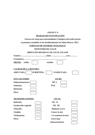 ANEXO Nº 6
TRABAJO DE INVESTIGACIÓN:
Factores de riesgo para anormalidades Citológicos del cuello uterino
en pacientes atendidas en los Establecimientos de Salud, Huaraz -2013.
FORMATO DE INFORME CITOLOGICO
MINISTERIO DE SALUD
DIRECCION REGIONAL DE SALUD ANCASH
Nombre:………………………………….edad:……………………sexo:………..
Consultorio:………………………………………………………….
FROTIS: trófico atrófico
CALIDAD DE LA MUESTRA:
ADECUADA: SUBOPTIMA INADECUADA
INFLAMATORIO LEI-BG
Polimorfonucleares NIC I
Linfocitos PVH
Histiocitos
Otros
MICROORGANISMOS LEI-AG
Doderlein NIC II
Gardnerella vaginalis NIC III
Clamydia Displasia severa
Cándida Cáncer in situ
Trichomonas Ca escamoso invasor
Otros Ascus/Agus
Adenocarcinoma
 
