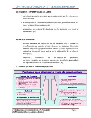 CONTROL DEL PLANEAMIENTO – GERENCIA FINANCIERA

     3.3 FUNCIONES E IMPORTANCIA DE LAS METAS:

            • constituyen principios generales, que se deben seguir por los miembros de
              la organizacion

            • le dan legitimidad a los miembros de la organización, proporcionandole una
              razon fundamental para su existencia

            • proporcinan un conjunto deestandares, con los cuales se puee medir el
              rendimiento. (24)



     3.4 metas de producción :

               Cuando hablamos de producción no nos referimos solo a labores de
               transformación de materias primas e insumos en productos físicos, sino
               también a aquellas cuyo producto es un servicio o cuando el producto es de
               naturaleza intelectual, como podría ser la elaboración de un plan de
               trabajo.(25)

               Expresión       cuantitativa       de      los objetivos de   producción
               de bienes y servicios que se espera obtener con una técnica y escaladada
               de la planta industrial en un periodo determinado.(26)

     3.5 Factores que afectan las metas de produccion




(24) trabajando por metas (25) Unidad 7: Producción                            Página 24
(26) Metas de producción y gestión de stock
 