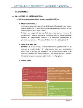 CONTROL DEL PLANEAMIENTO – GERENCIA FINANCIERA

I.   DATOS GENERALES.

1.1 INFORMACIÓN DEL SECTOR INDUSTRIAL.
      1.1.1Referencias generales donde se desenvuelve NORSAC S.A.

          Misión de NORSAC S.A:
           Industria peruana, pionera en el mundo desde 1,967 dedicada a la creación,
           diseño, fabricación, y comercialización de envases y recubrimientos de tela
           de Polipropileno, de la mejor calidad .
           Trabajan con maquinaria de tecnología de punta, recursos humanos de
           primer nivel, y bajo un Sistema de gestión ISO 9001; y donde además el
           Proceso de Mejoramiento continuo y la innovación permanente de
           productos y procesos es el modo de trabajo diario de todo su personal.

          Visión de NORSAC S.A:
           NORSAC S.A. es una empresa líder en la fabricación y comercialización de
           envases y recubrimientos de polipropileno con una participación
           mayoritaria en el mercado peruano y con presencia importante en el
           mercado sudamericano. Así mismo aspira a ser un referente en la industria
           latinoamericana de envases y recubrimientos de polipropileno.

          Análisis FODA



                                                                  DEBILIDADES
              FORTALEZAS
                                                                  *Falta de programas eficientes para            la
              *Mantenernos líderes en el mercado
                                                                  atracción, selección y retención de personal
              *Tecnología de punta para la elaboración del
                                                                  *Poca motivación, identificación y compromiso
              producto.
                                                                  del personal
              *Capacidad de entrega directa del producto.
                                                                  *Personal mal remunerado
              *Mejora continua en los procesos de gestión y
                                                                  *Falta de lideres que fortalezcan la visión de la
              productos.
                                                                  organización



              OPORTUNIDADES                                       AMENAZAS
              *Mayor participación y apertura en otros países
              de la región.
                                                                  *Vulnerabilidad ante el ingreso de grandes
                                                                  competidores foràneos.
              *Certificación internacional de calidad
                                                                  *La demanda del mercado es muy
              *Tratados de libre comercio con otros países.
                                                                  estacional.
               *Economía regional y nacional dinámica         y
                               creciente.                         *Cambios estacionales adversos


                                                                                                       Página 5
 