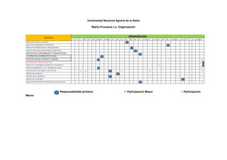 Universidad Nacional Agraria de la Selva
Matriz Procesos v.s. Organización
Responsabilidad primaria + Participación Mayor / Participación
Menor
 